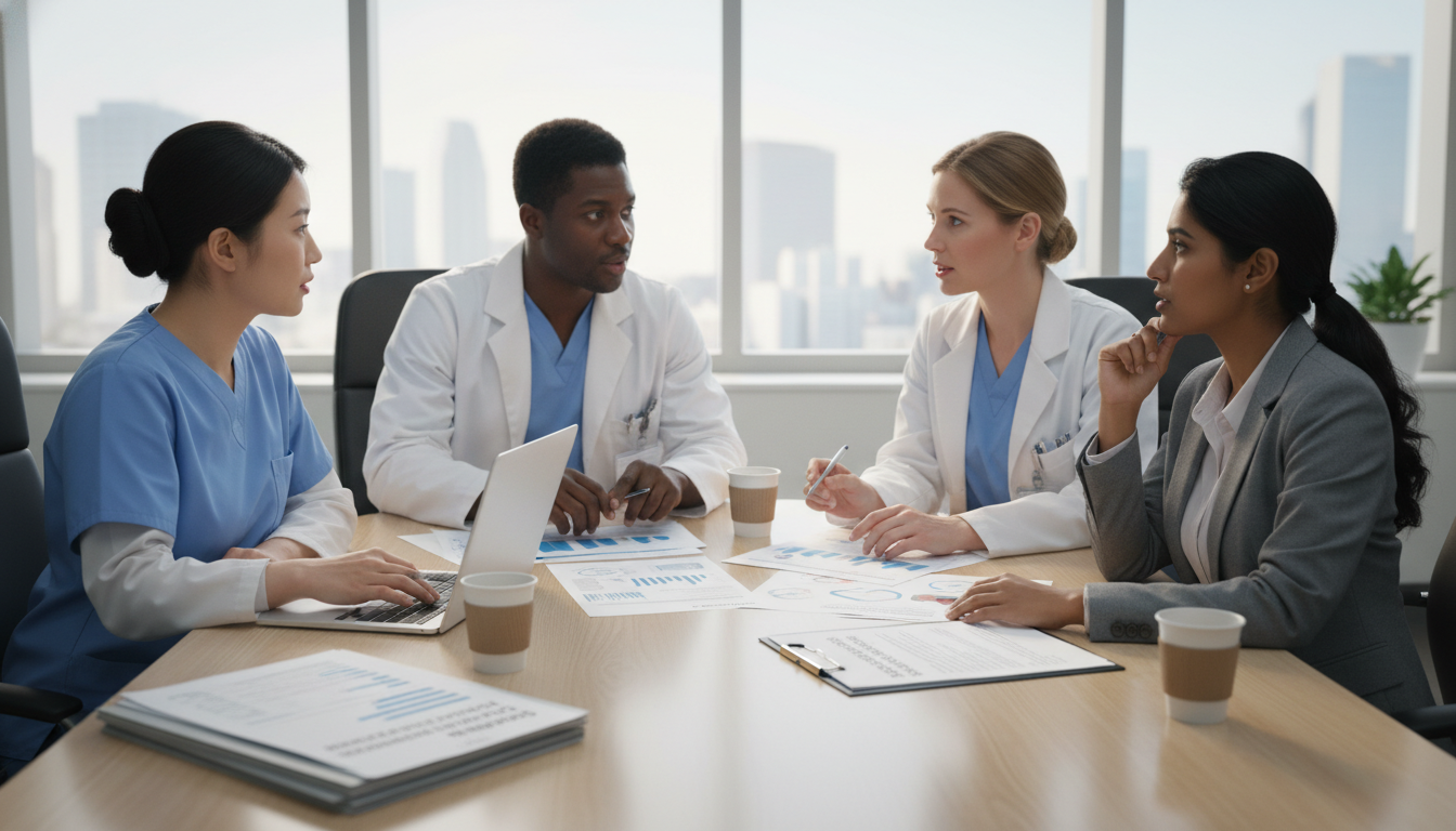 Surgical research team reviewing data and preparing a manuscript Surgical research team reviewing data and preparing a manuscript - MD graduate residency for Research Profile Building for MD