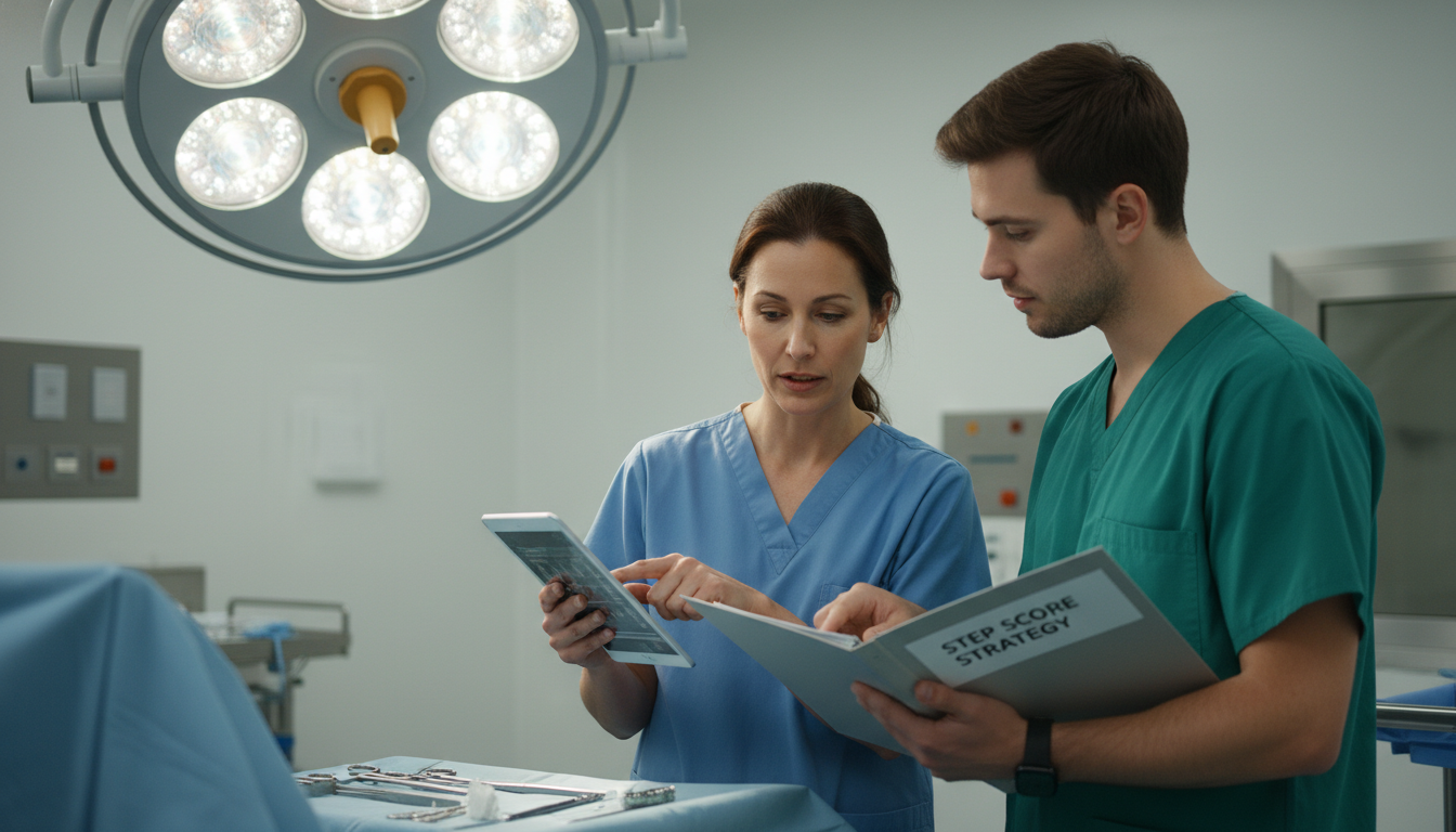 Surgery resident and MD graduate in the operating room discussing clinical performance - MD graduate residency for Step Score