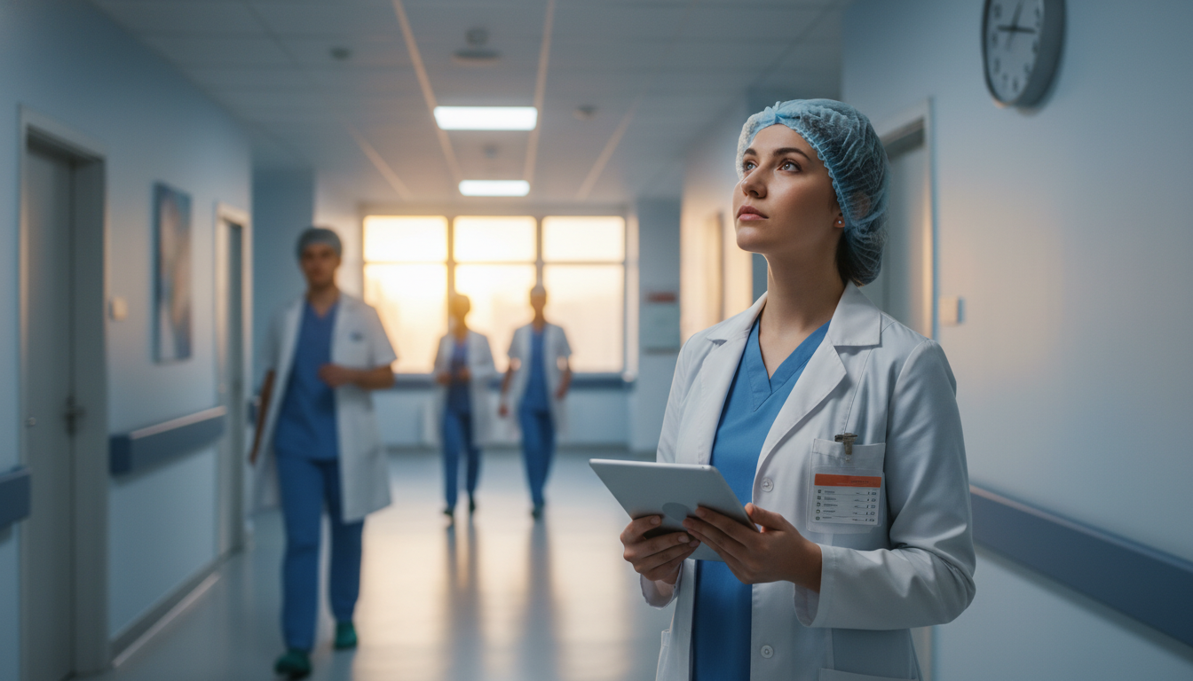 Busy surgical intern looking at hospital clock during pre-rounds Busy surgical intern looking at hospital clock during pre-rounds - MD graduate residency for Work-Life Balance Assessment for