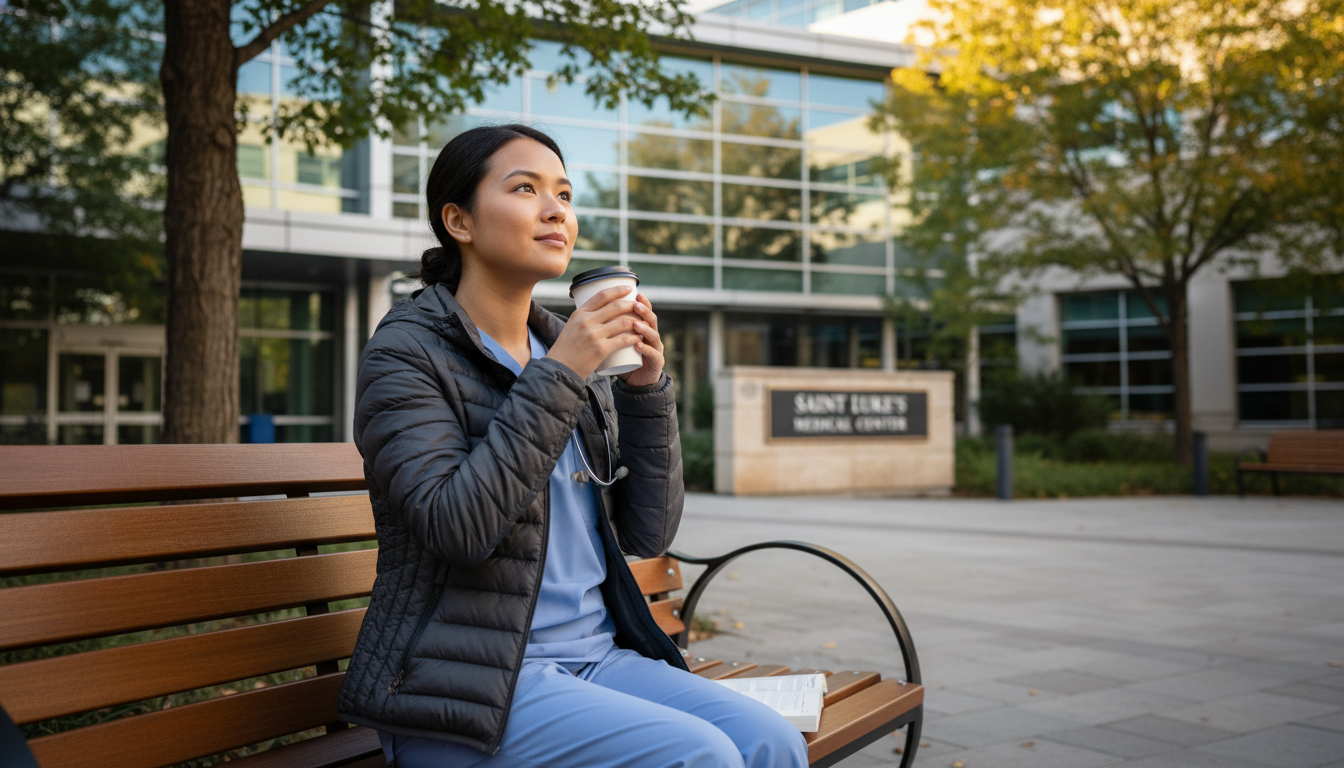 Surgical prelim resident taking a brief wellness break outdoors Surgical prelim resident taking a brief wellness break outdoors - MD graduate residency for Work-Life Balance Assessment for