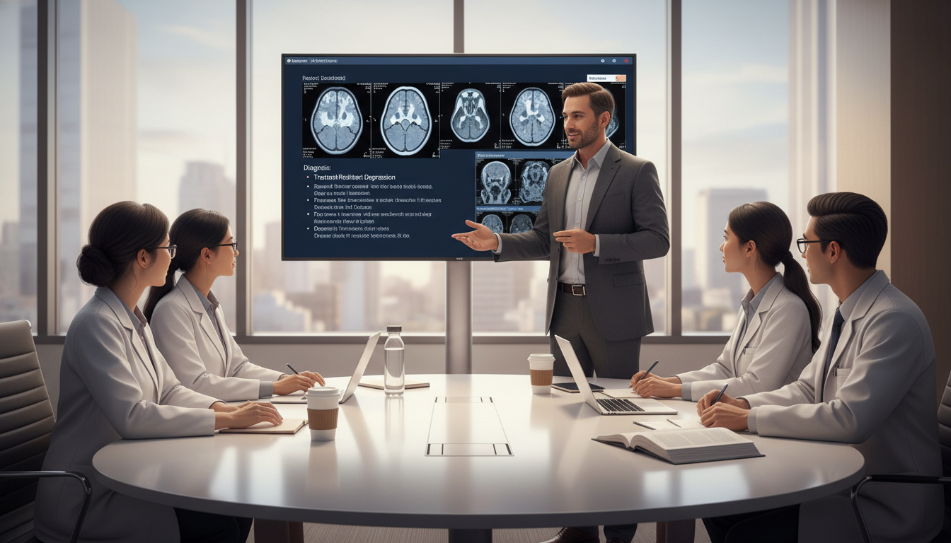 Psychiatry resident discussing cases with faculty in an academic hospital setting Psychiatry resident discussing cases with faculty in an academic hospital setting - MD graduate residency for Academic vs Pri
