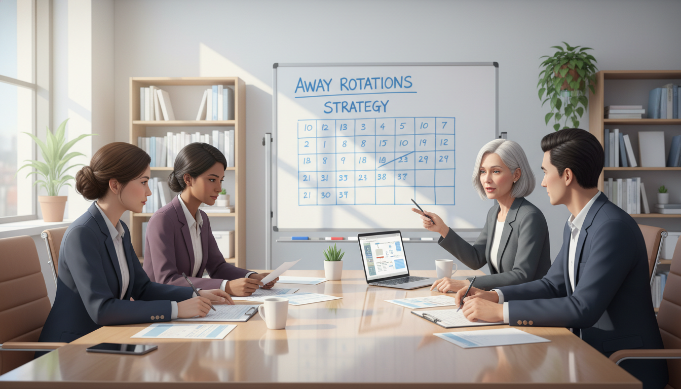 Psychiatry residents in a team meeting discussing away rotation planning Psychiatry residents in a team meeting discussing away rotation planning - MD graduate residency for Away Rotation Strategy f