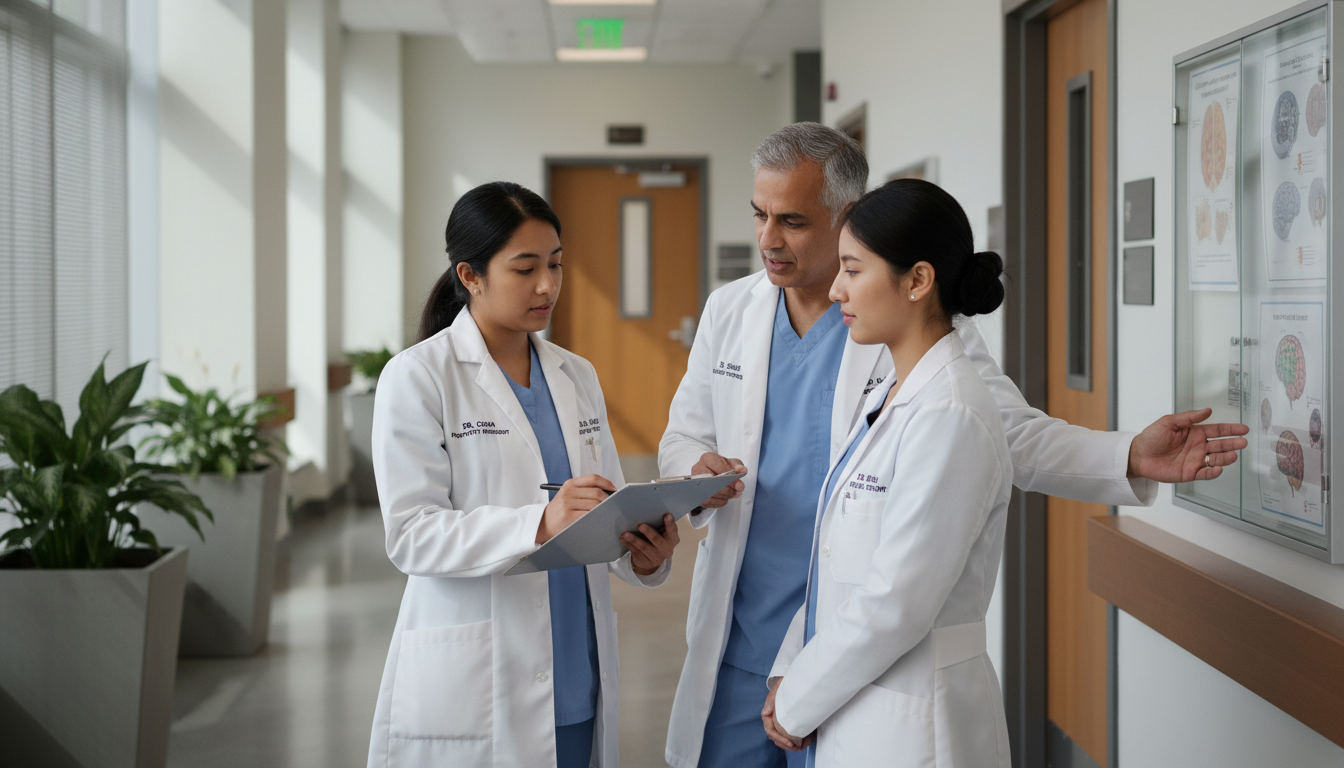 Psychiatry resident on inpatient unit discussing patient case Psychiatry resident on inpatient unit discussing patient case - MD graduate residency for CV Building for MD Graduate in Psyc