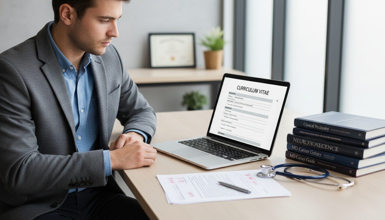 Resident updating medical CV on laptop Resident updating medical CV on laptop - MD graduate residency for CV Building for MD Graduate in Psychiatry