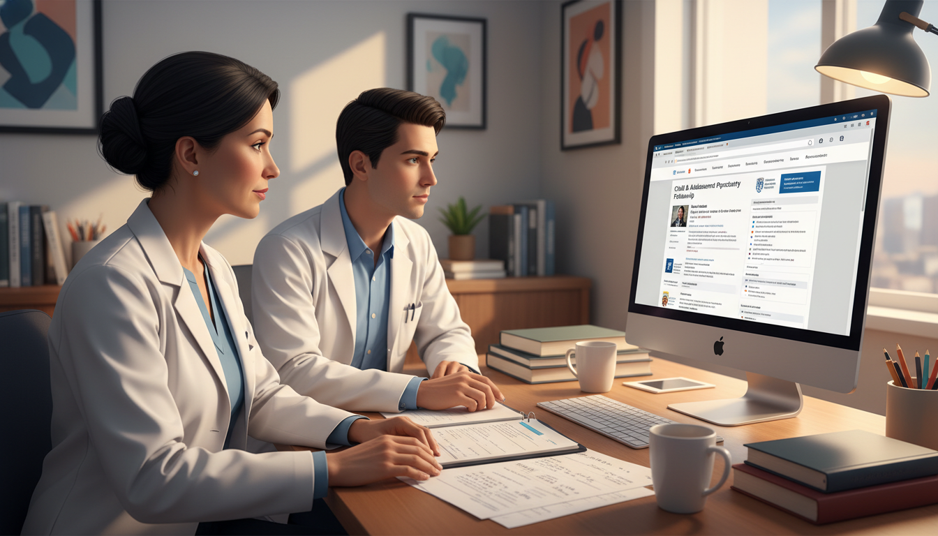 Psychiatry resident discussing career options with faculty mentor Psychiatry resident discussing career options with faculty mentor - MD graduate residency for Fellowship Preparation for MD G