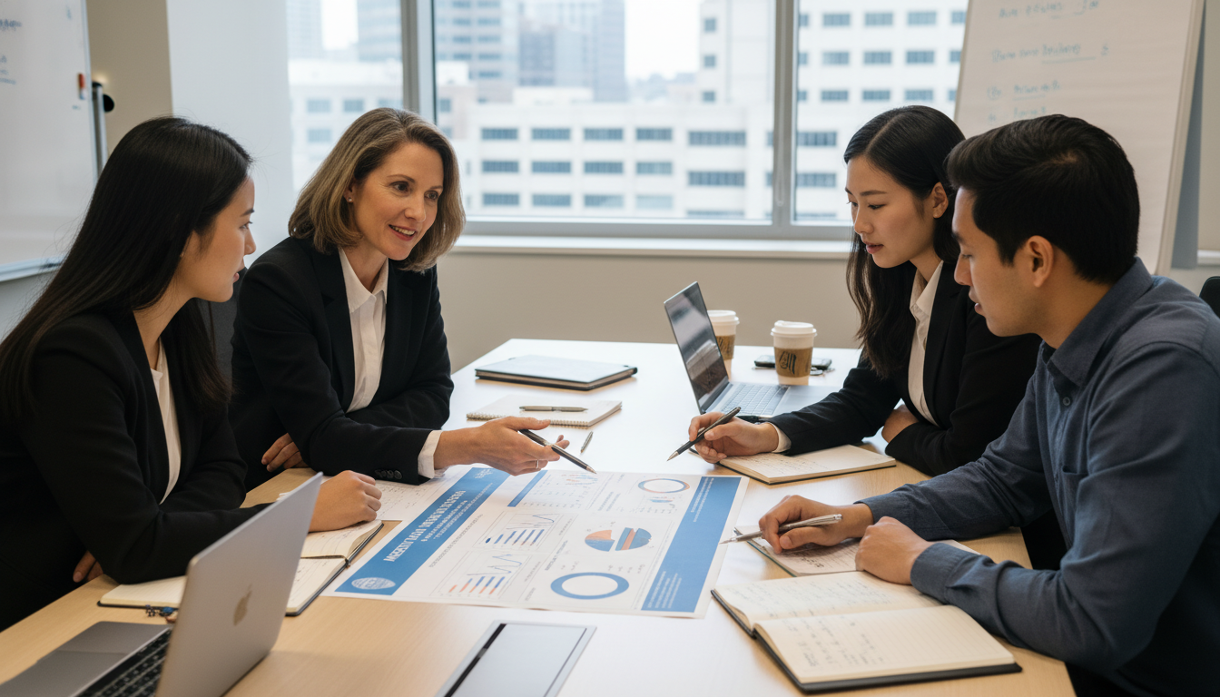 Psychiatry residents discussing research with a faculty mentor - MD graduate residency for Networking in Medicine for MD Grad