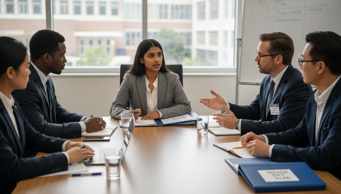 Psychiatry resident speaking during a residency interview day Psychiatry resident speaking during a residency interview day - MD graduate residency for Pre-Match Communication for MD Grad