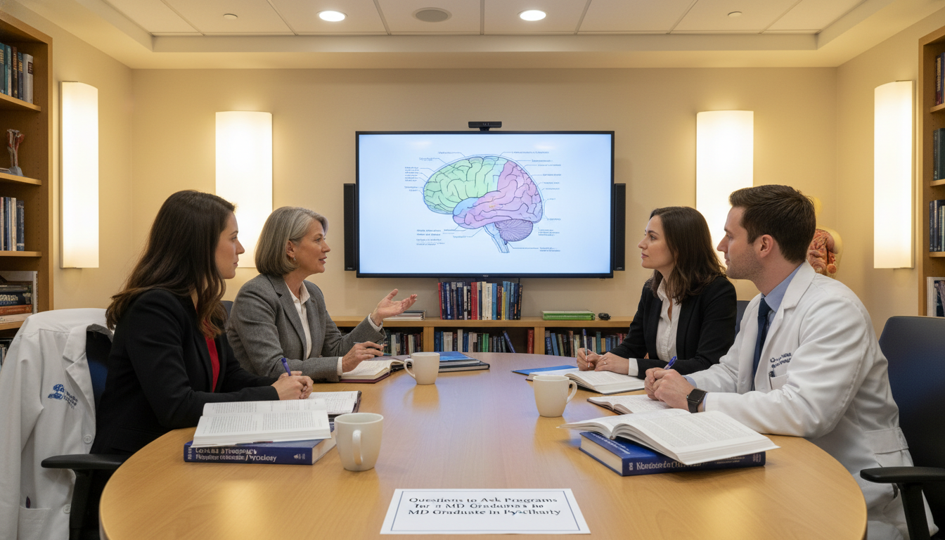 Psychiatry residents in didactic teaching session with faculty mentor - MD graduate residency for Questions to Ask Programs f