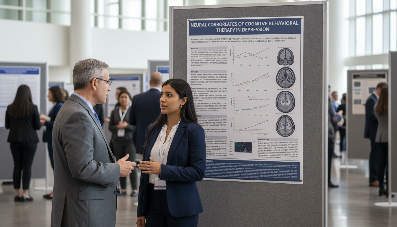 Psychiatry resident presenting a research poster at a conference Psychiatry resident presenting a research poster at a conference - MD graduate residency for Research During Residency for MD