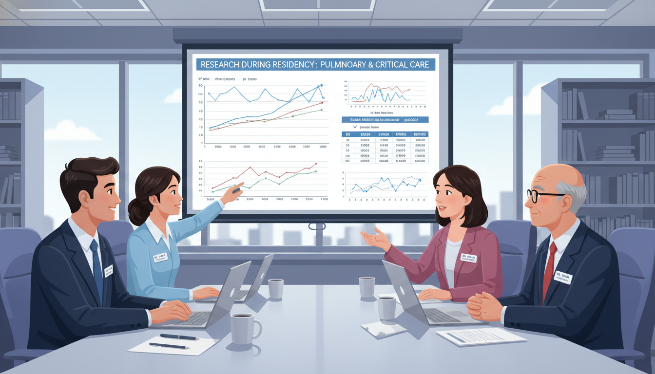 Pulmonary and Critical Care team conducting research meeting with data on screen - MD graduate residency for Research During