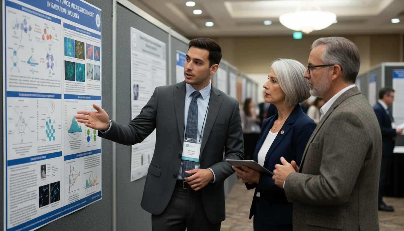 Radiation oncology resident presenting research poster at conference Radiation oncology resident presenting research poster at conference - MD graduate residency for CV Building for MD Graduate