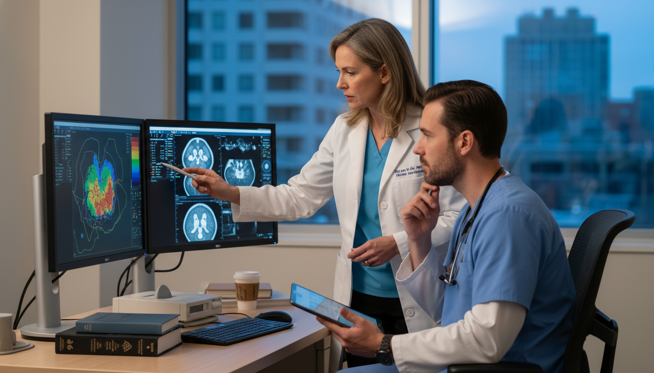 Radiation oncology resident working at treatment planning station with attending Radiation oncology resident working at treatment planning station with attending - MD graduate residency for Letters of Recom