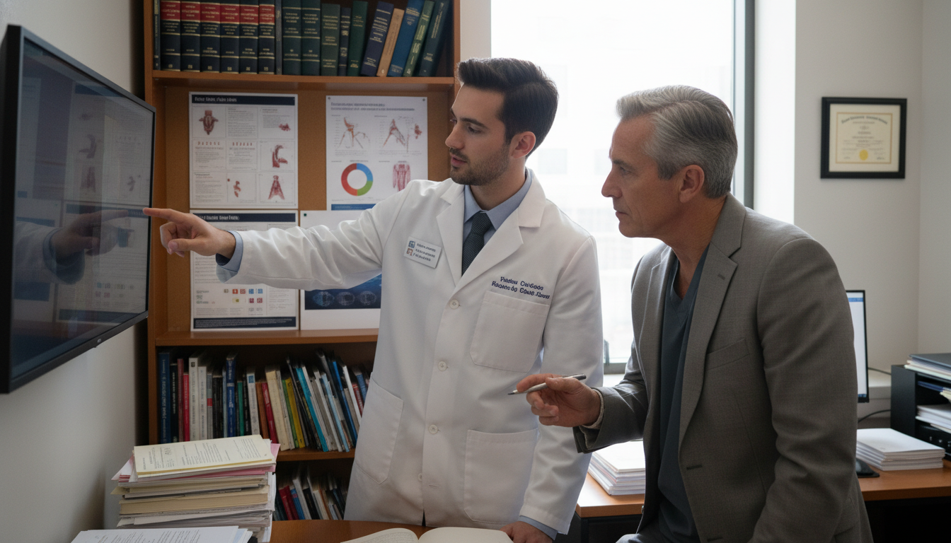 Radiation oncology resident and mentor discussing research project - MD graduate residency for Low Step Score Strategies for