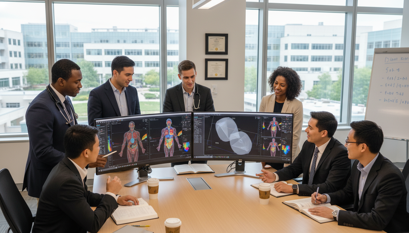 Radiation oncology residents collaborating and reviewing treatment plans - MD graduate residency for Networking in Medicine f