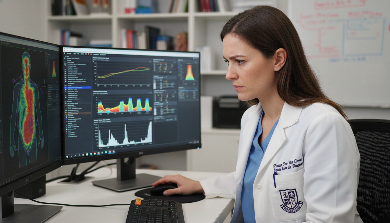 Radiation oncology resident analyzing treatment data on computer Radiation oncology resident analyzing treatment data on computer - MD graduate residency for Research During Residency for MD