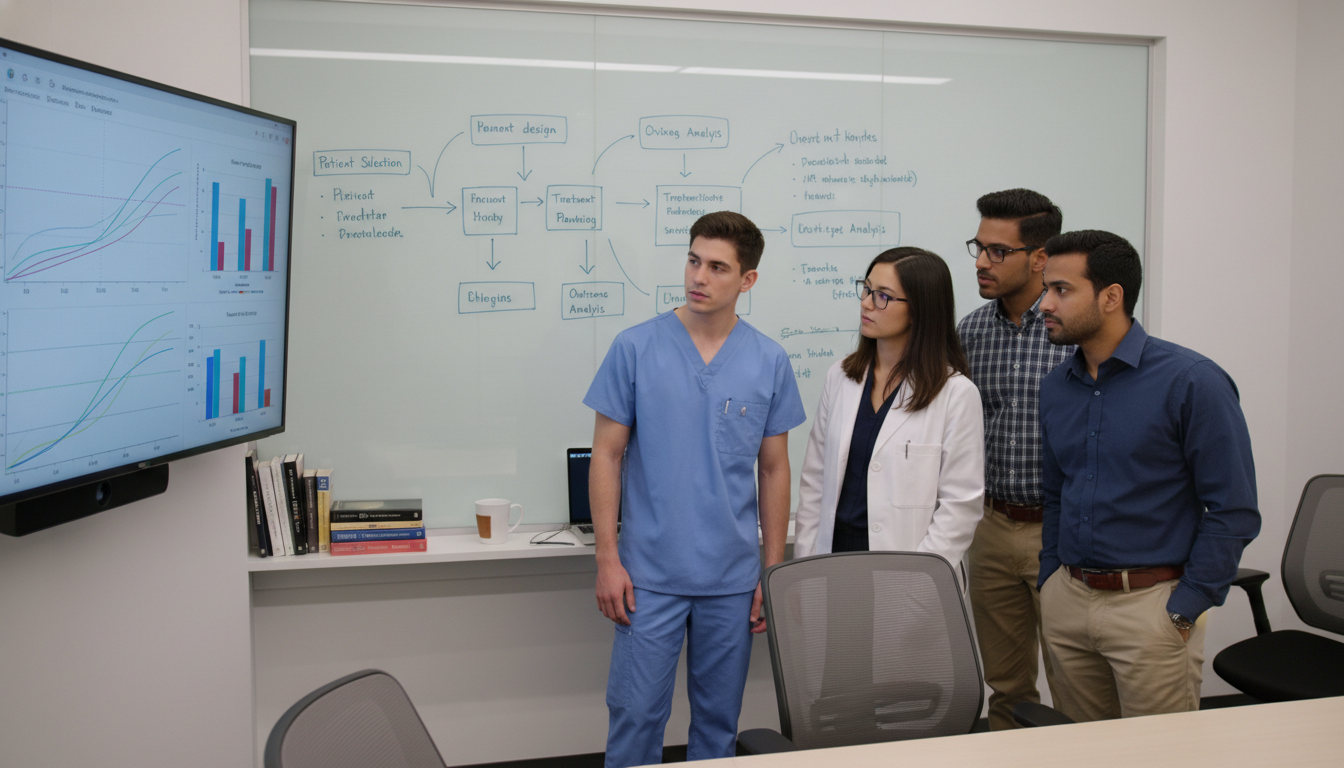 Radiation oncology research team discussing statistical analysis - MD graduate residency for Research Profile Building for MD