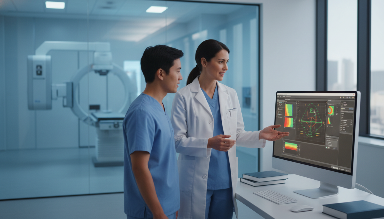 Radiation oncology resident reviewing case plans with faculty mentor - MD graduate residency for Step Score Strategy for MD G
