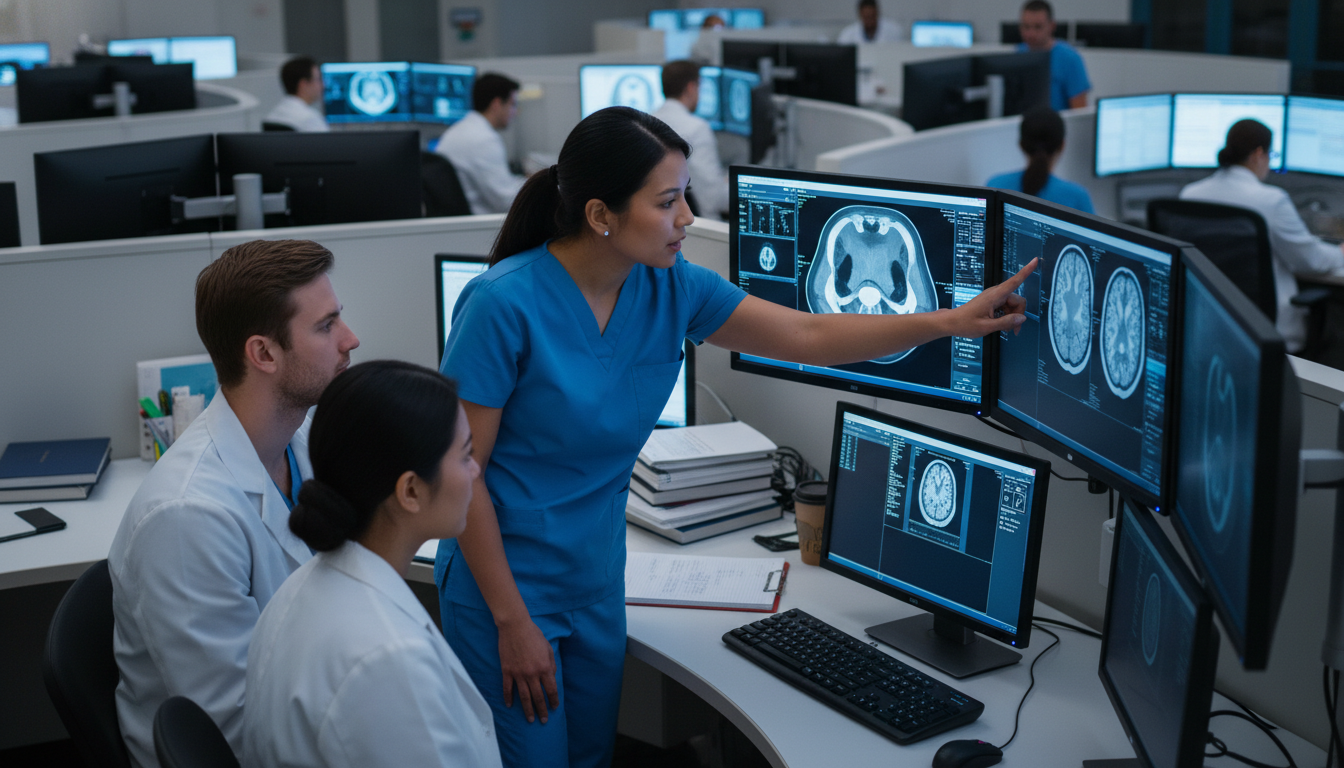 Radiology resident reviewing imaging studies with medical students Radiology resident reviewing imaging studies with medical students - MD graduate residency for CV Building for MD Graduate in