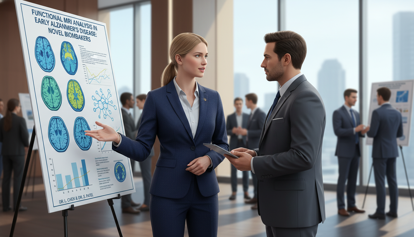 Medical graduate presenting a radiology research poster at a conference Medical graduate presenting a radiology research poster at a conference - MD graduate residency for CV Building for MD Gradua