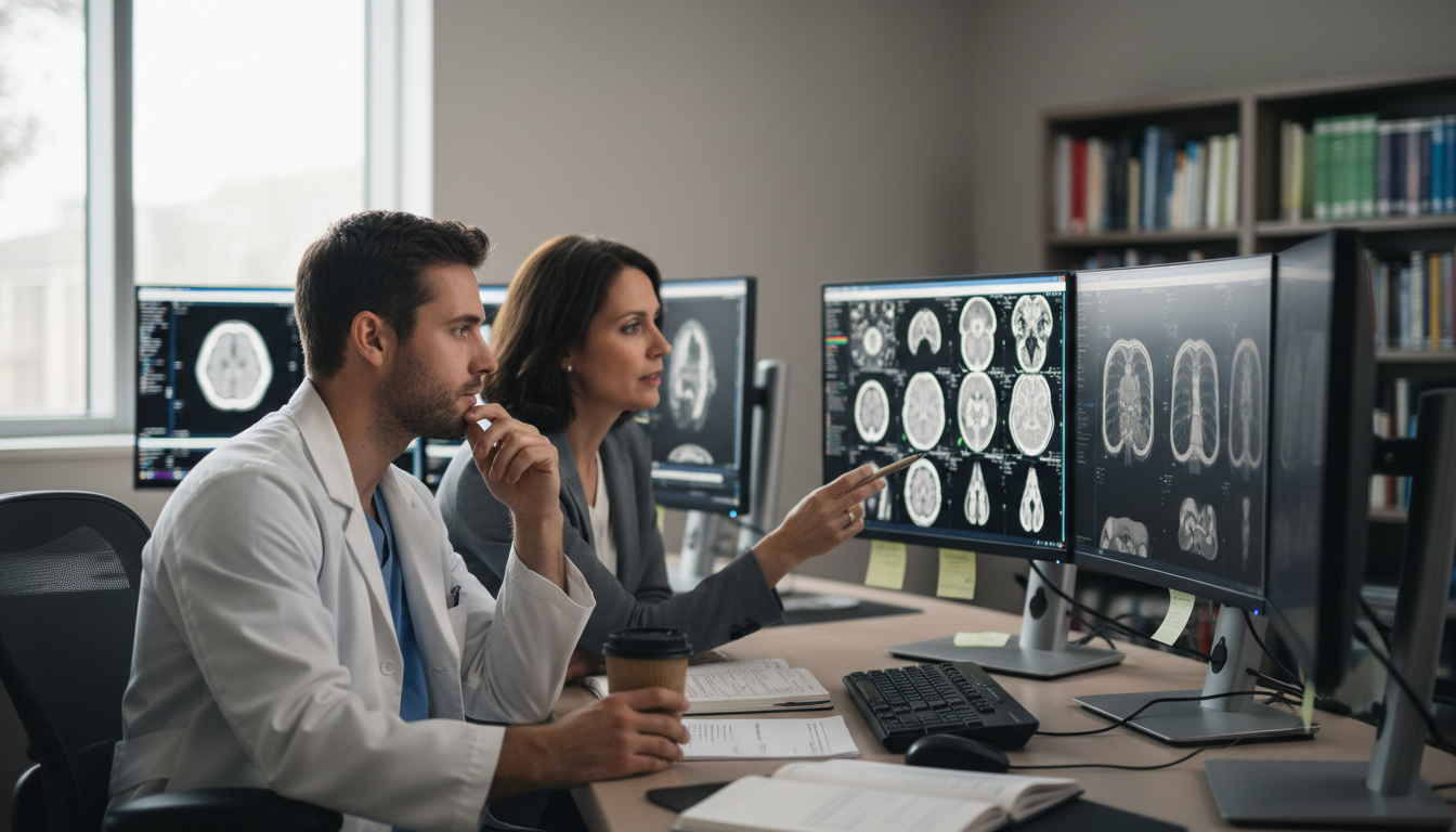 Radiology resident discussing fellowship options with attending mentor Radiology resident discussing fellowship options with attending mentor - MD graduate residency for Fellowship Preparation for