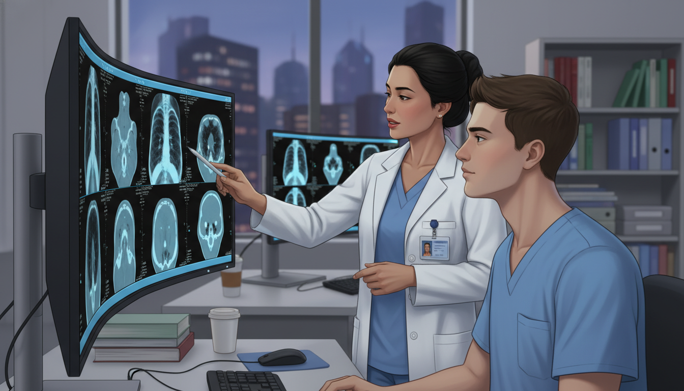 Radiology attending and medical student reviewing imaging cases Radiology attending and medical student reviewing imaging cases - MD graduate residency for Letters of Recommendation for MD