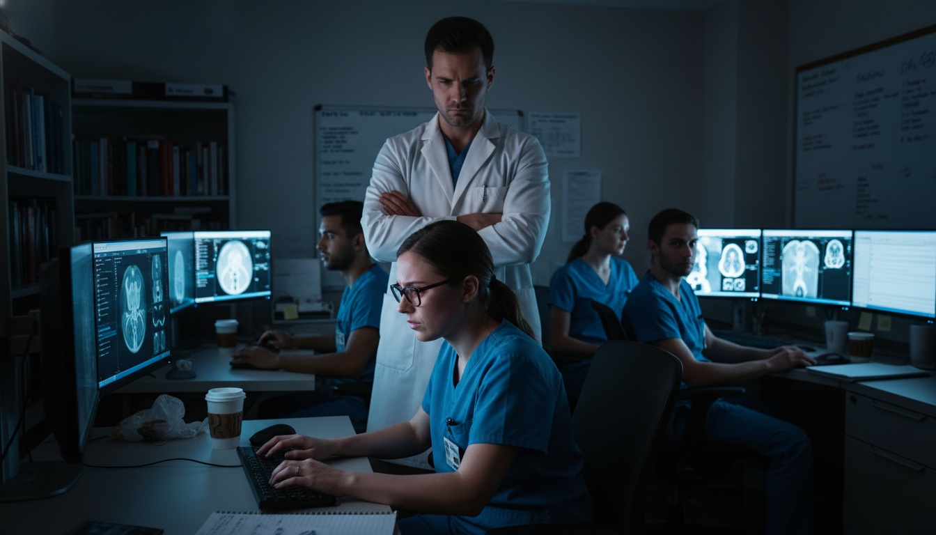 Diagnostic Radiology Residents in a Reading Room Experiencing Tension Diagnostic Radiology Residents in a Reading Room Experiencing Tension - MD graduate residency for Identifying Malignant Progr