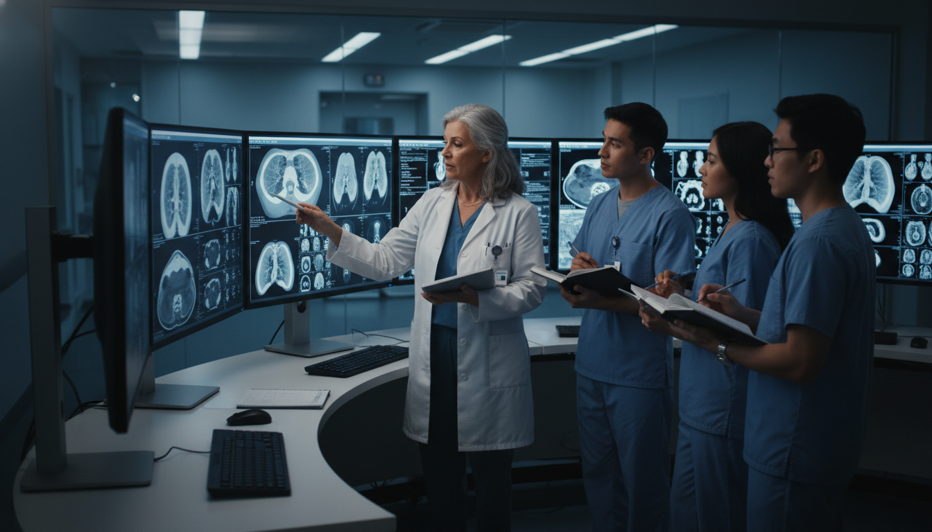 Radiology residents and MD graduates discussing cases with an attending in a reading room Radiology residents and MD graduates discussing cases with an attending in a reading room - MD graduate residency for Network