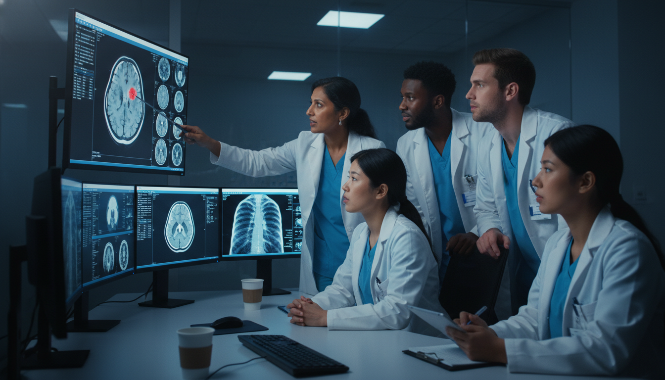 Diagnostic radiology residents reviewing imaging during a teaching conference Diagnostic radiology residents reviewing imaging during a teaching conference - MD graduate residency for How to Research Pro