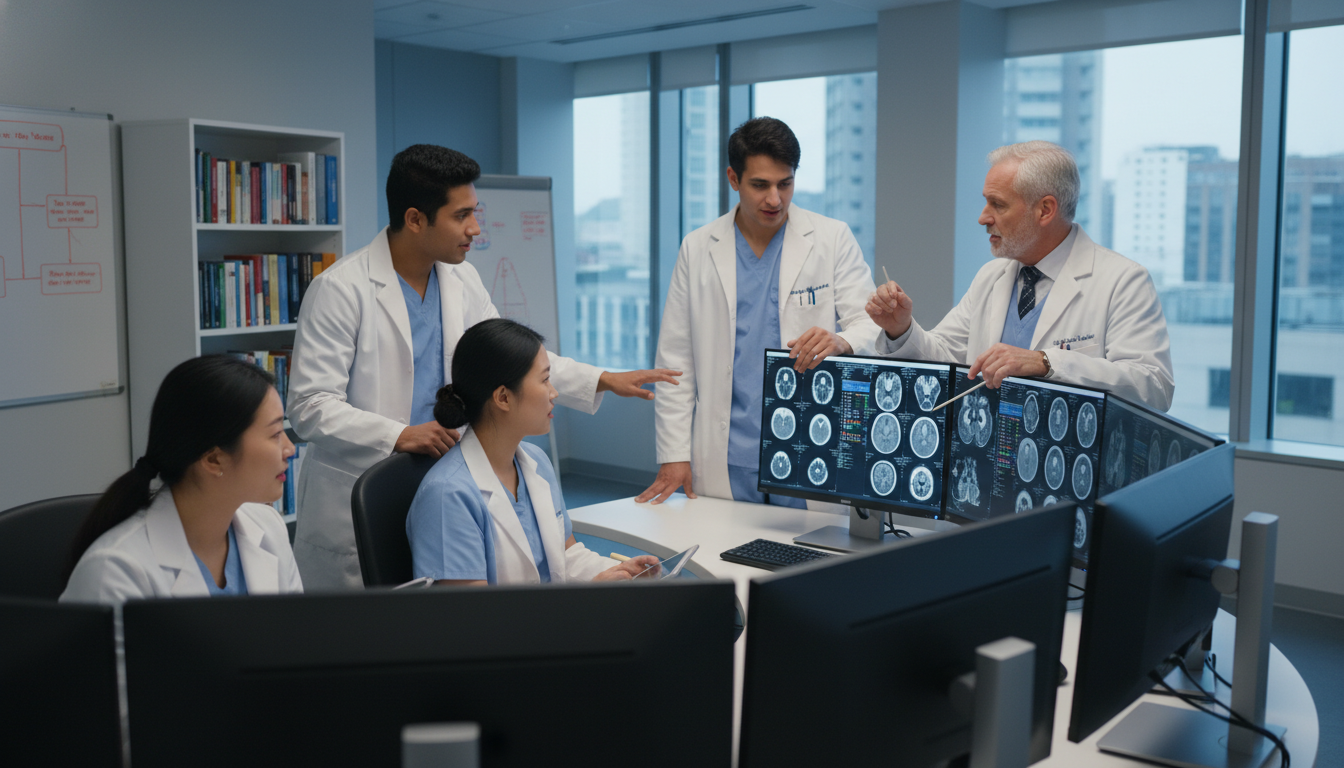 Diverse radiology residents discussing cases at a workstation - MD graduate residency for Program Selection Strategy for MD G