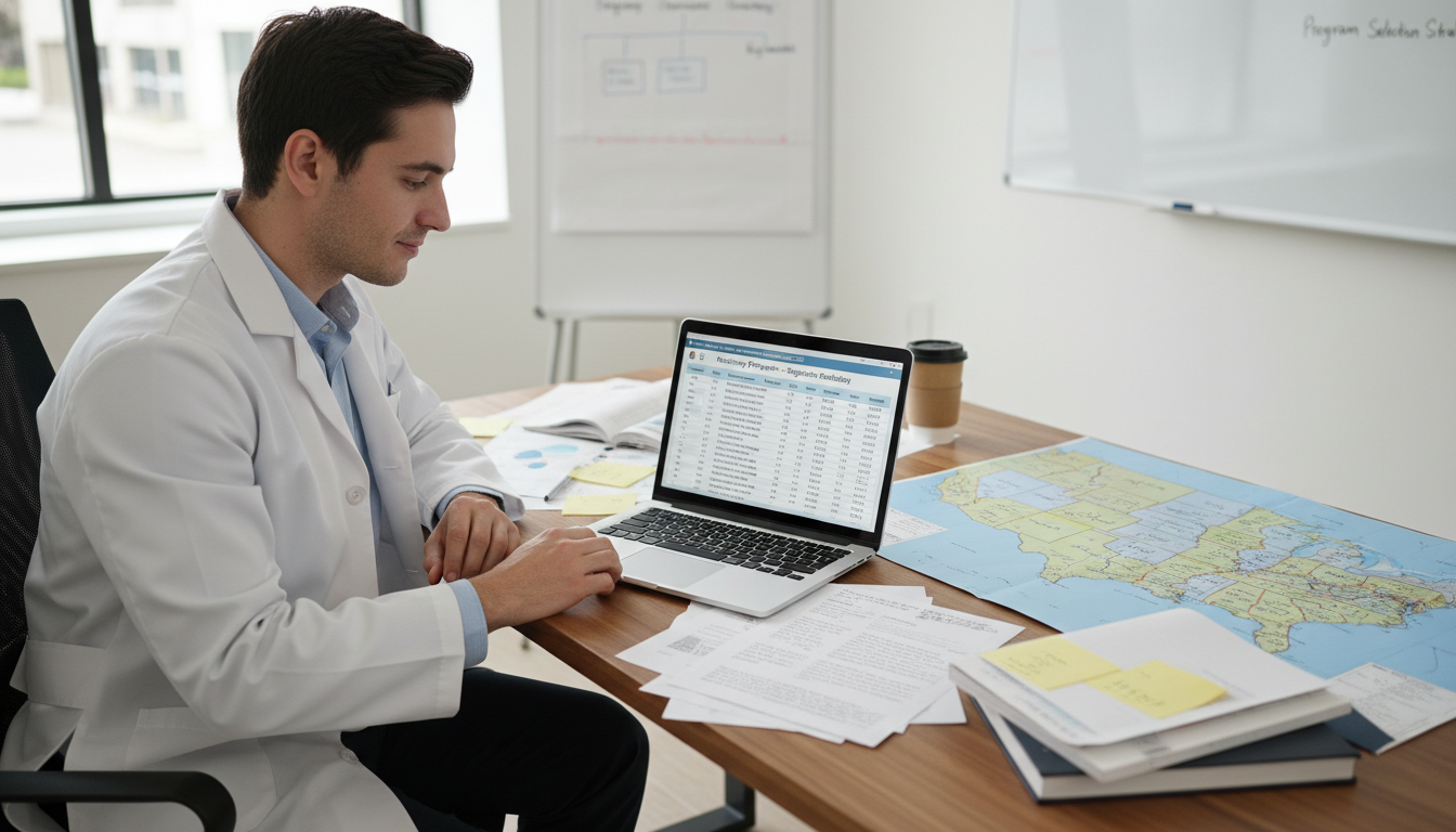 MD graduate reviewing a spreadsheet of radiology residency programs - MD graduate residency for Program Selection Strategy fo