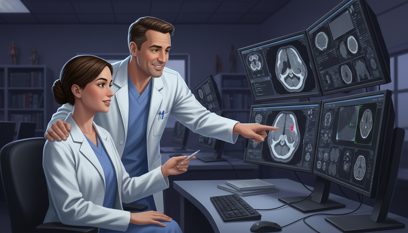 Radiology resident and attending reviewing imaging on workstation Radiology resident and attending reviewing imaging on workstation - MD graduate residency for Addressing Red Flags for MD Gra