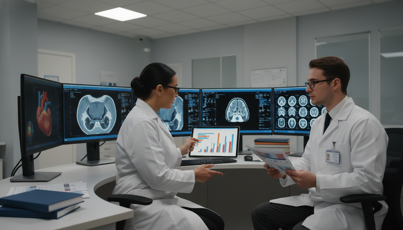 Radiology resident and mentor reviewing imaging research data - MD graduate residency for Research Profile Building for MD Gr