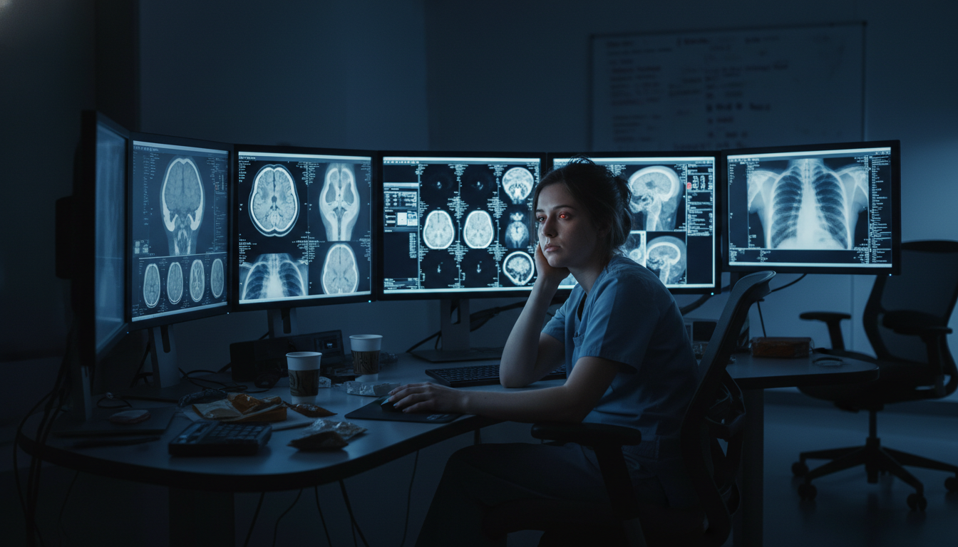 Radiology resident looking fatigued during overnight call in a hospital reading room Radiology resident looking fatigued during overnight call in a hospital reading room - MD graduate residency for Resident Tur