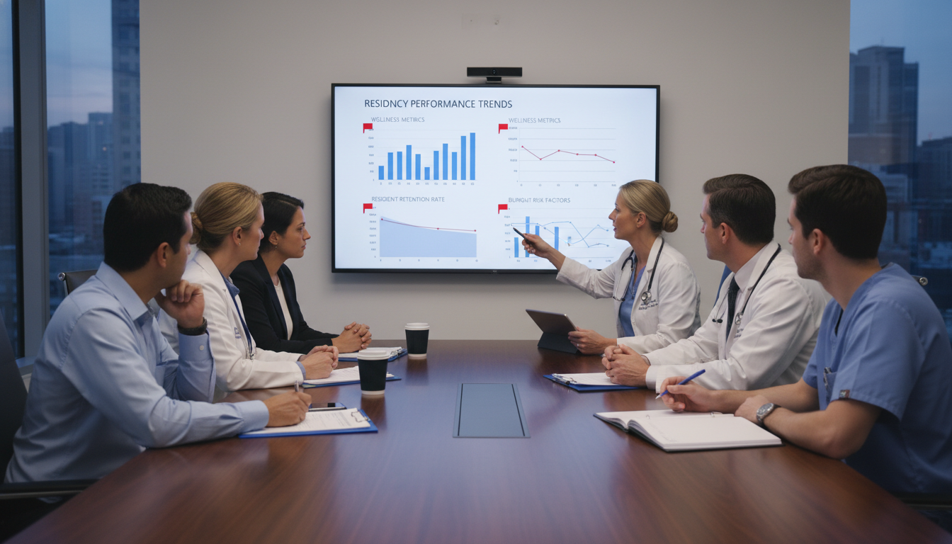 Diagnostic radiology faculty and residents in a meeting discussing program improvement Diagnostic radiology faculty and residents in a meeting discussing program improvement - MD graduate residency for Resident T