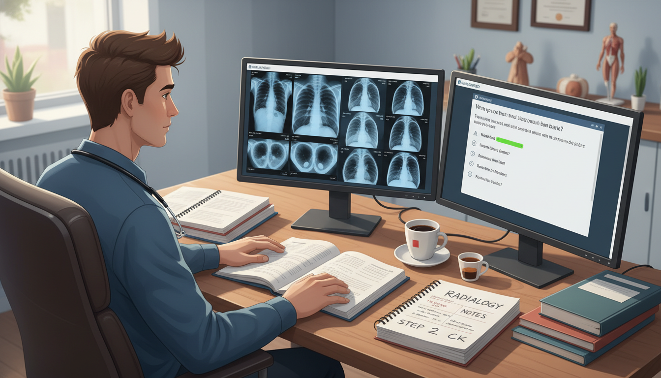 Medical graduate reviewing radiology-related material for Step 2 CK Medical graduate reviewing radiology-related material for Step 2 CK - MD graduate residency for USMLE Step 2 CK Preparation f
