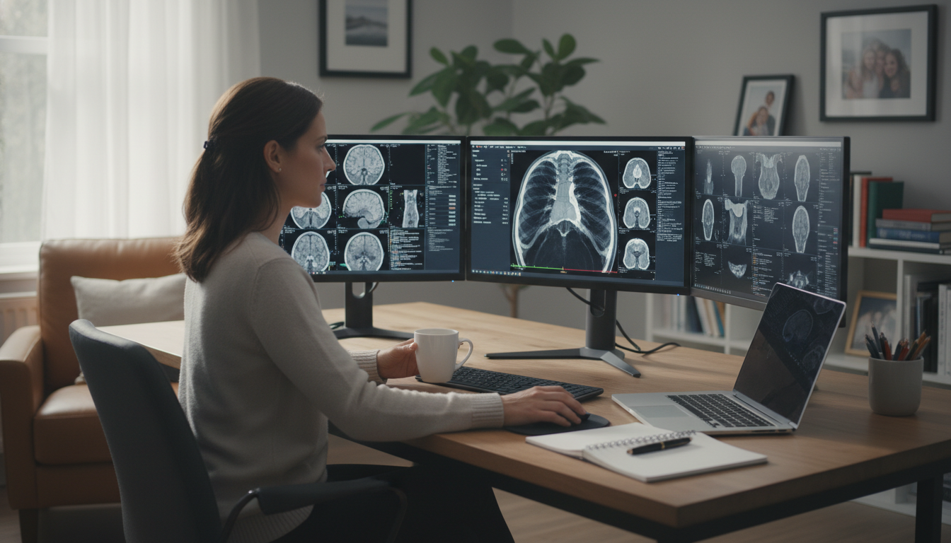 Radiologist working from home with multiple diagnostic monitors Radiologist working from home with multiple diagnostic monitors - MD graduate residency for Work-Life Balance Assessment for