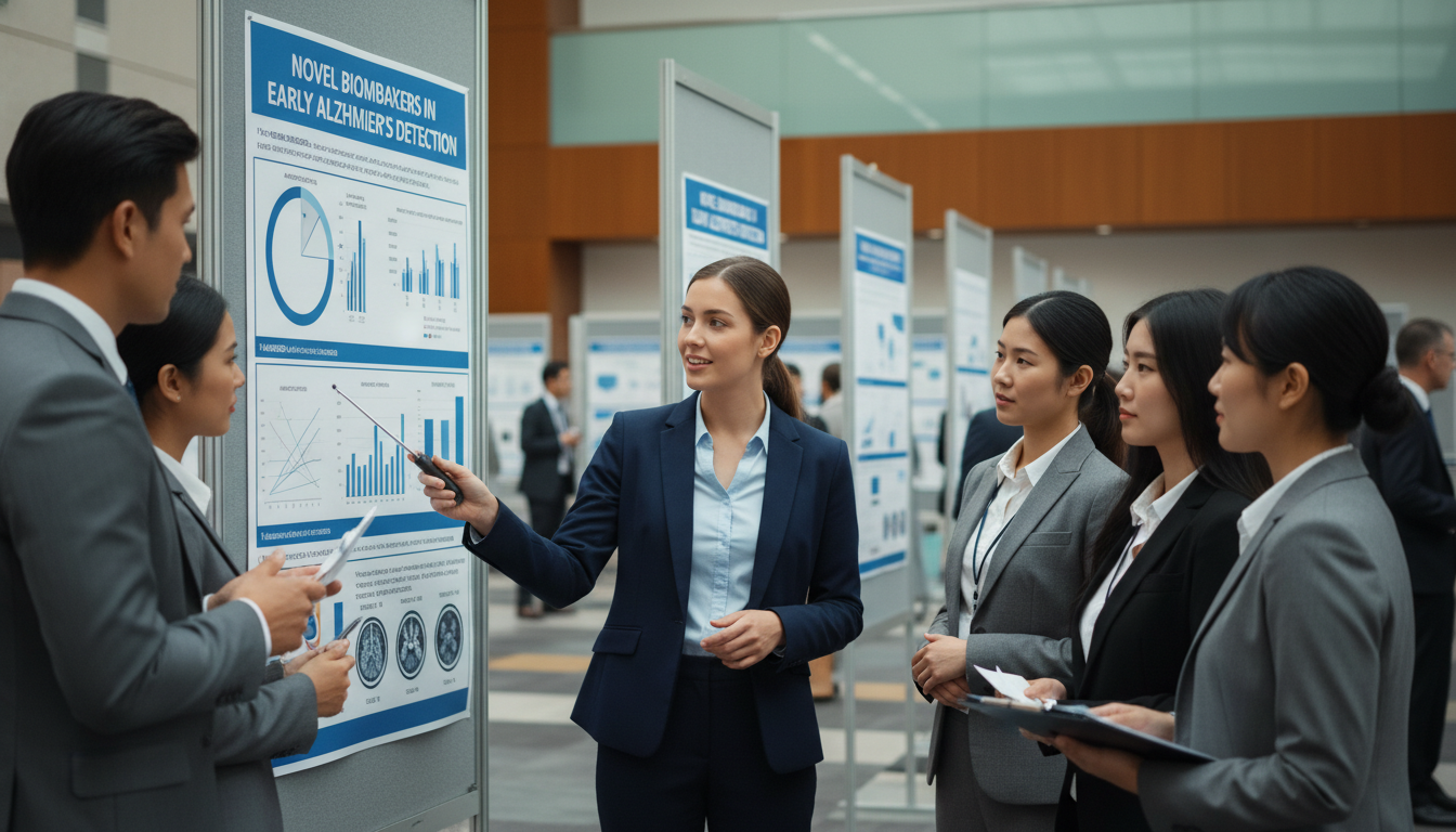 Resident presenting research poster at a medical conference Resident presenting research poster at a medical conference - MD graduate residency for CV Building for MD Graduate in Transi