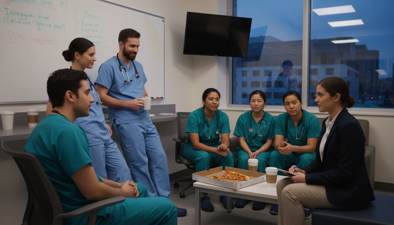 Residents discussing their experiences at a transitional year residency program Residents discussing their experiences at a transitional year residency program - MD graduate residency for Identifying Malig