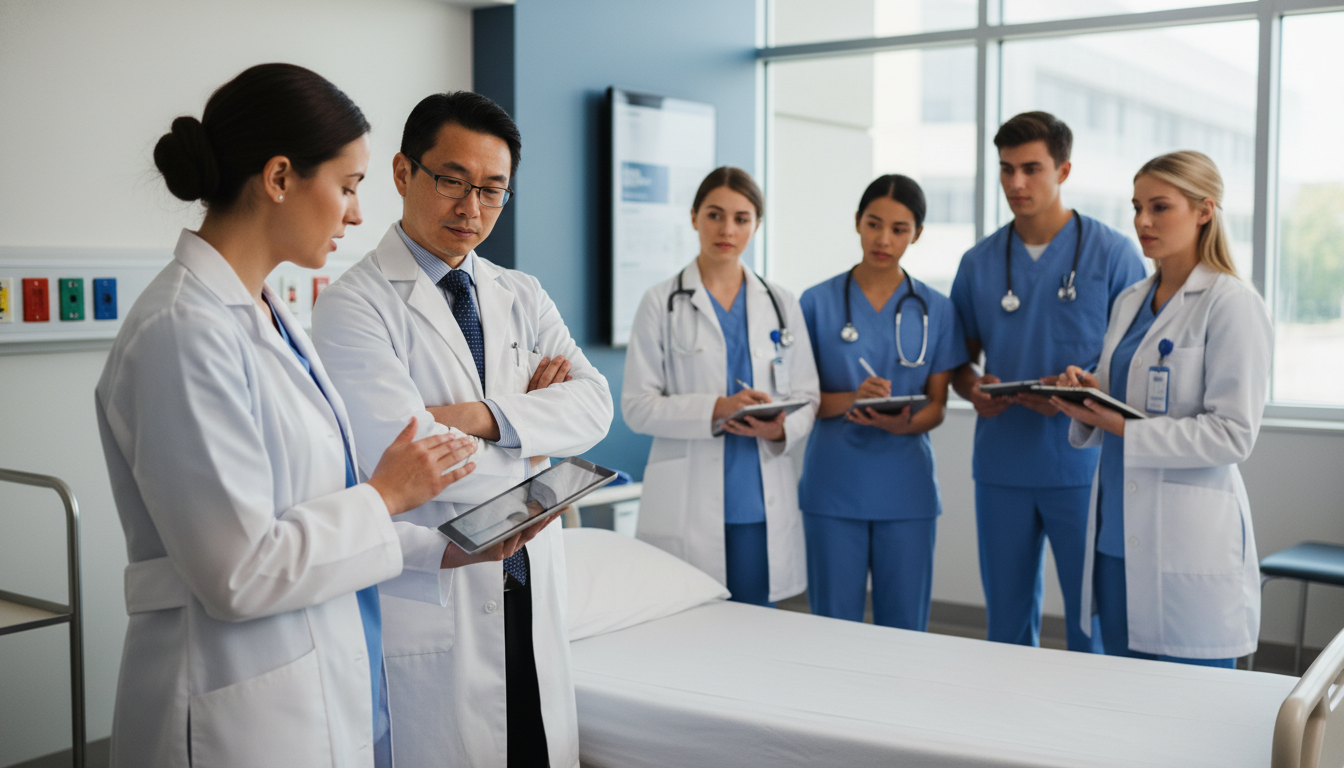 Resident and attending discussing patient case on rounds Resident and attending discussing patient case on rounds - MD graduate residency for Networking in Medicine for MD Graduate i