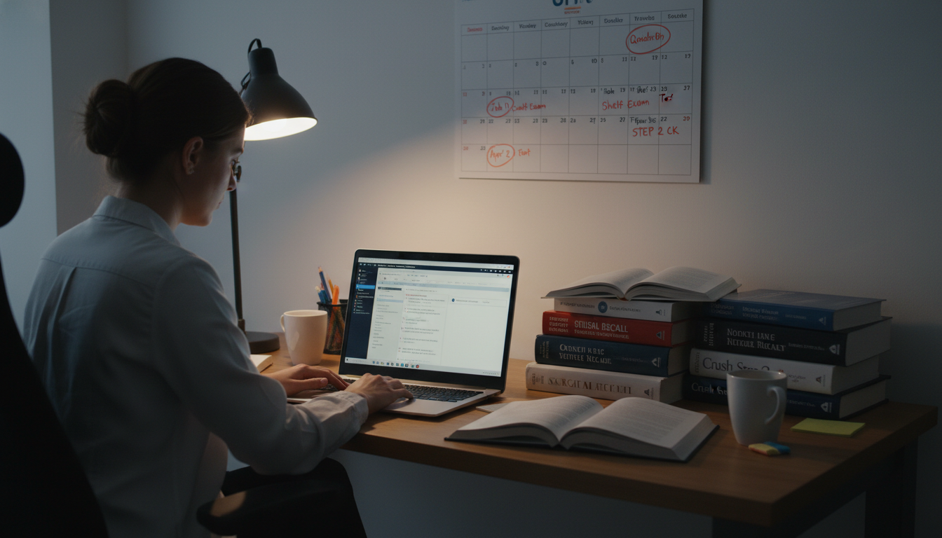 Medical resident using question bank on a laptop - MD graduate residency for USMLE Step 2 CK Preparation for MD Graduate in T