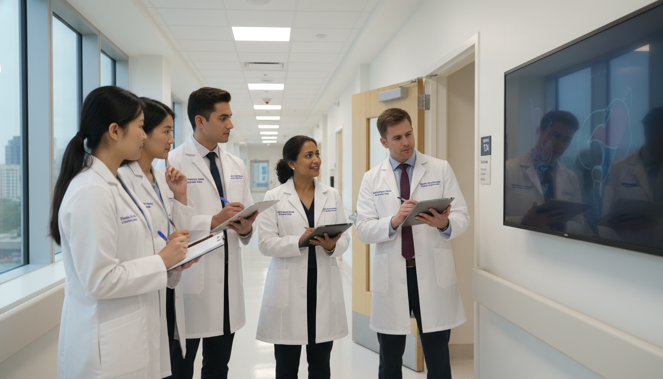 Urology residents discussing patient cases on rounds Urology residents discussing patient cases on rounds - MD graduate residency for Away Rotation Strategy for MD Graduate in Ur