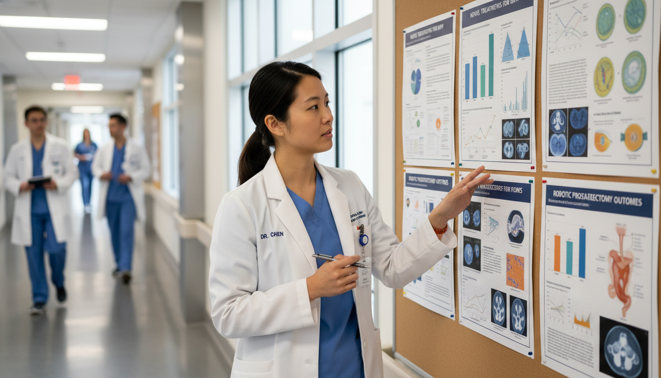Urology resident reviewing research posters and academic achievements Urology resident reviewing research posters and academic achievements - MD graduate residency for CV Building for MD Graduate