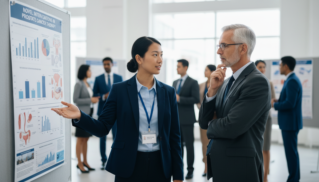 Urology trainee discussing research poster with mentor at conference Urology trainee discussing research poster with mentor at conference - MD graduate residency for Networking in Medicine for M