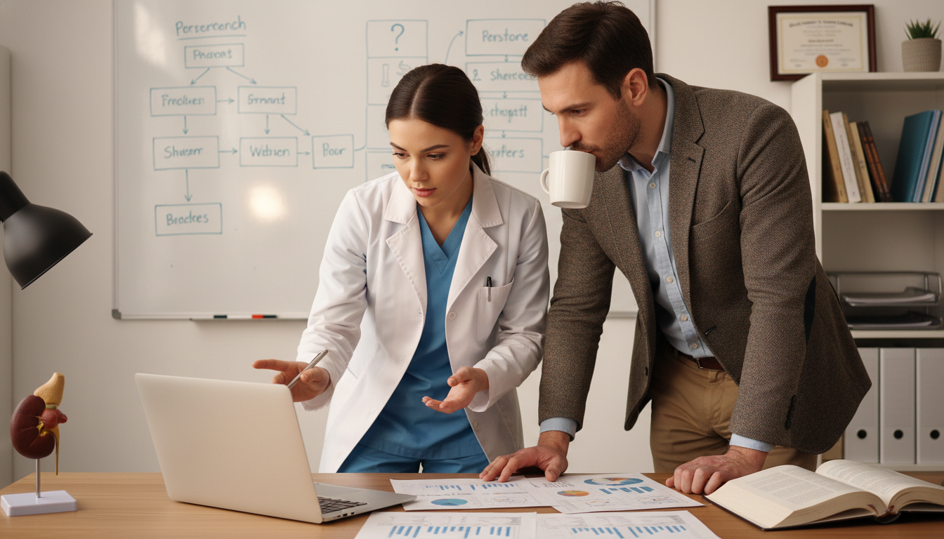 Resident and faculty discussing urology research project Resident and faculty discussing urology research project - MD graduate residency for Questions to Ask Programs for MD Graduat