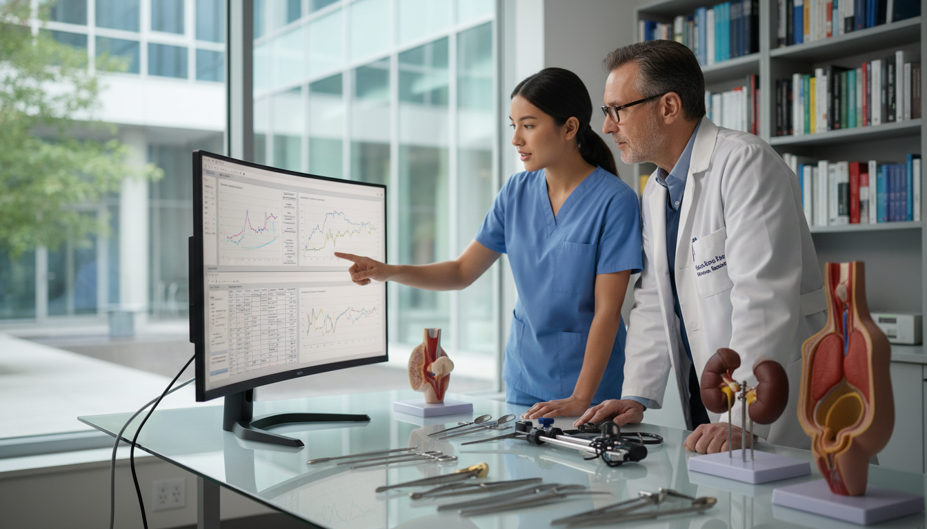 Urology resident and faculty discussing research data Urology resident and faculty discussing research data - MD graduate residency for Research Profile Building for MD Graduate i