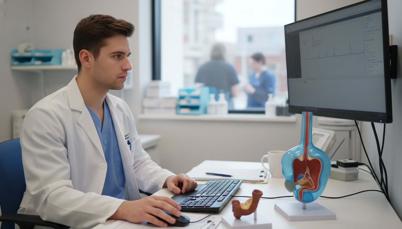 Urology resident in clinic reviewing patient charts on computer Urology resident in clinic reviewing patient charts on computer - MD graduate residency for Work-Life Balance Assessment for