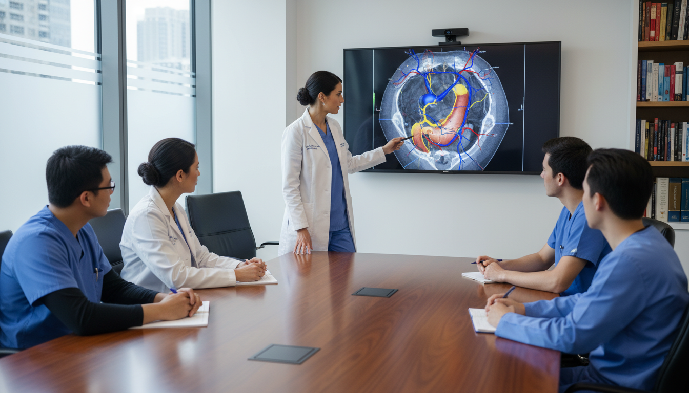 Vascular surgeon mentoring residents and discussing imaging Vascular surgeon mentoring residents and discussing imaging - MD graduate residency for Academic vs Private Practice for MD G