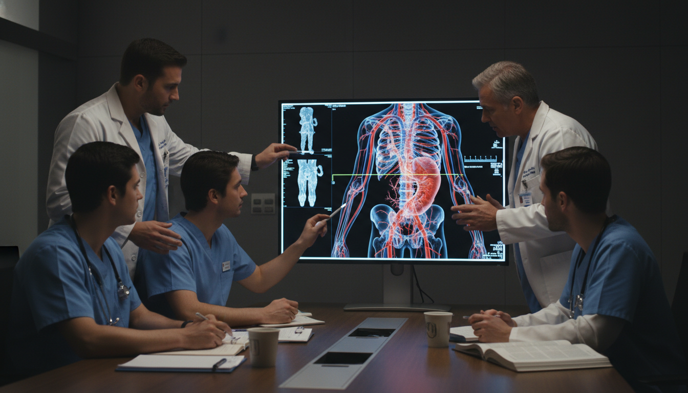Vascular surgery team reviewing imaging before procedure Vascular surgery team reviewing imaging before procedure - MD graduate residency for Common Interview Questions for MD Gradua