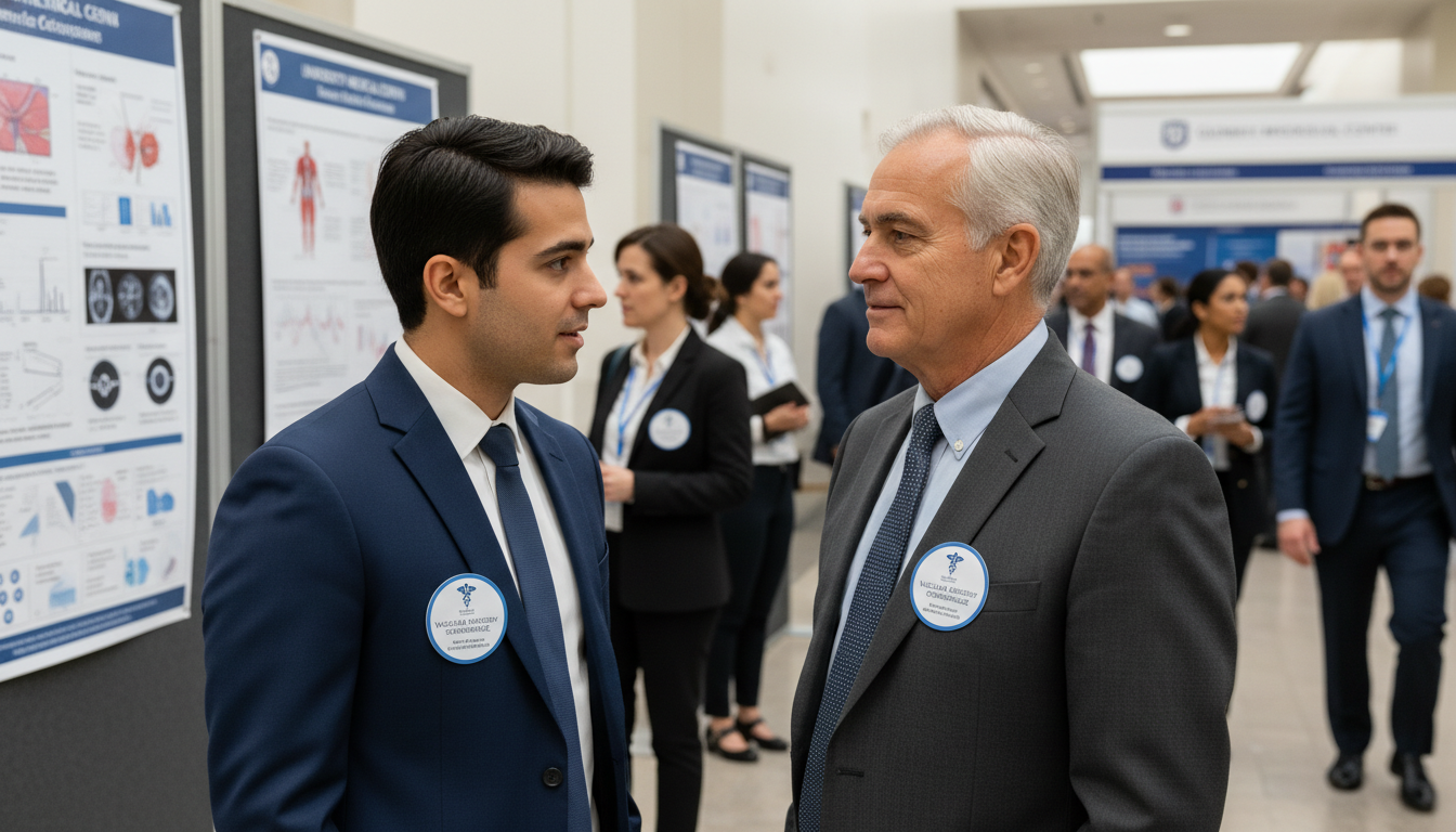 Vascular surgery resident networking at a professional conference Vascular surgery resident networking at a professional conference - MD graduate residency for Job Search Timing for MD Gradua