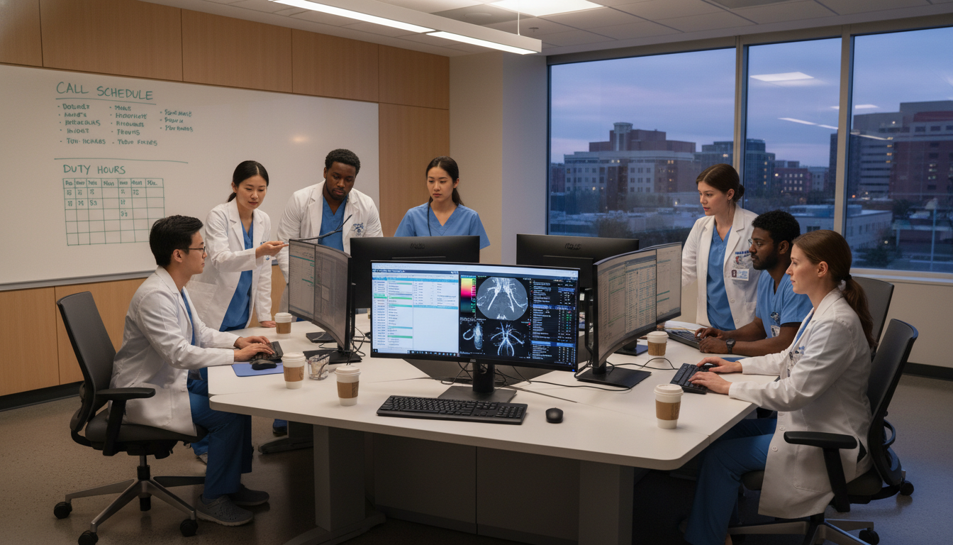 Vascular surgery residents collaborating in a workroom Vascular surgery residents collaborating in a workroom - MD graduate residency for Work-Life Balance Assessment for MD Gradua